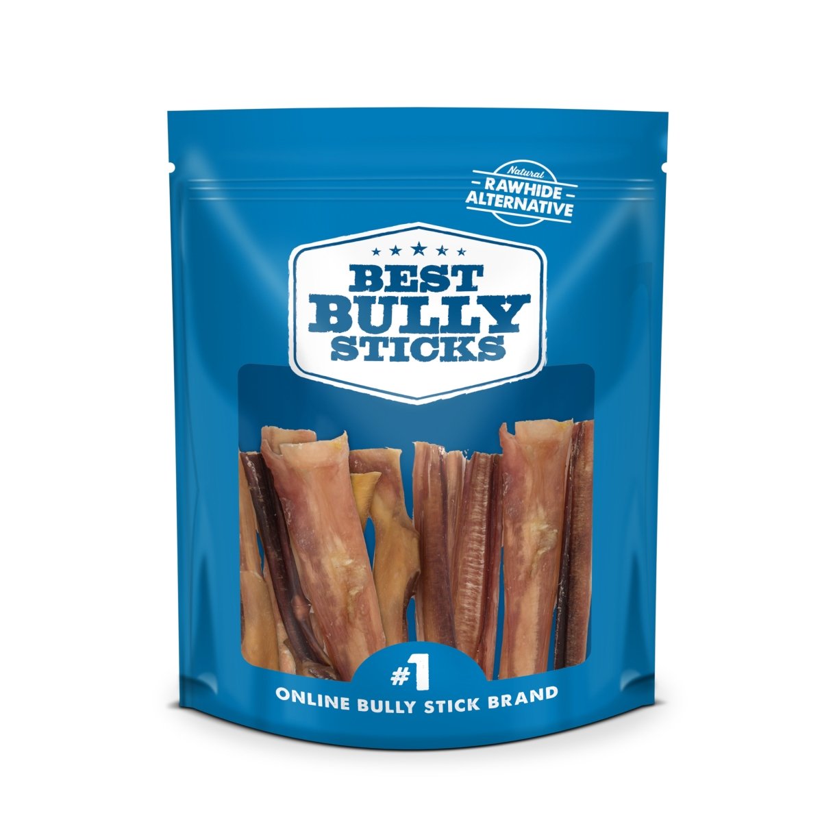 The packaging of the 4-Inch Bully Stick by Best Bully Sticks displays their logo and promotes a single-ingredient dog treat as a natural rawhide alternative, claiming to be the &quot;#1 Online Bully Stick Brand.