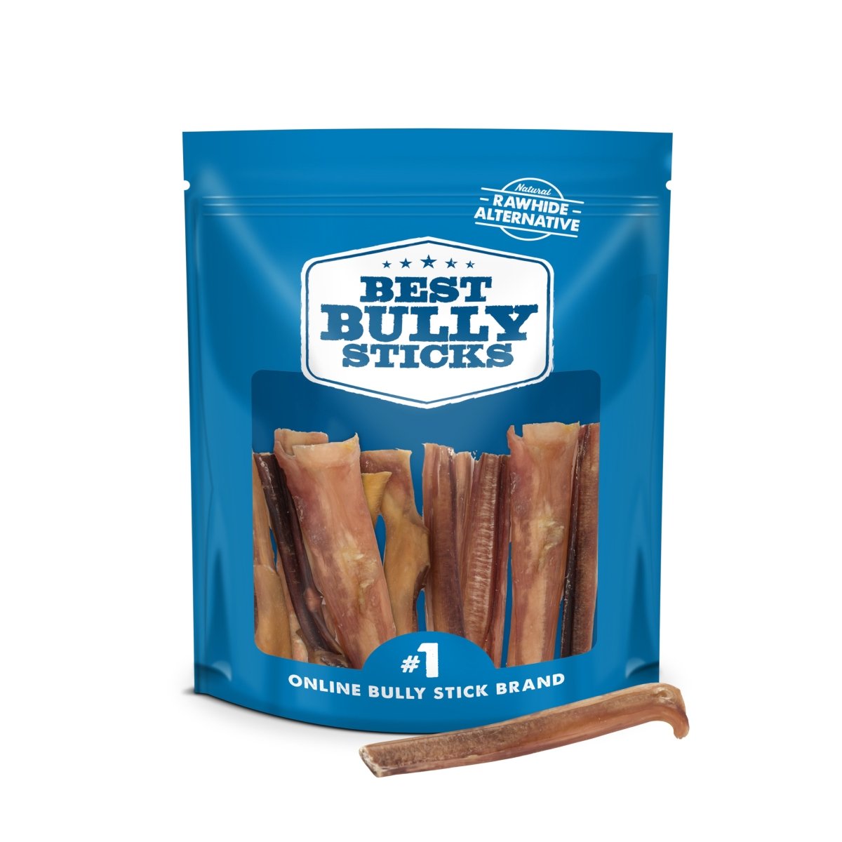 A blue resealable bag labeled &quot;Best Bully Sticks&quot; contains several 4-Inch Bully Sticks, a natural rawhide alternative, with a single treat placed in front of the bag.