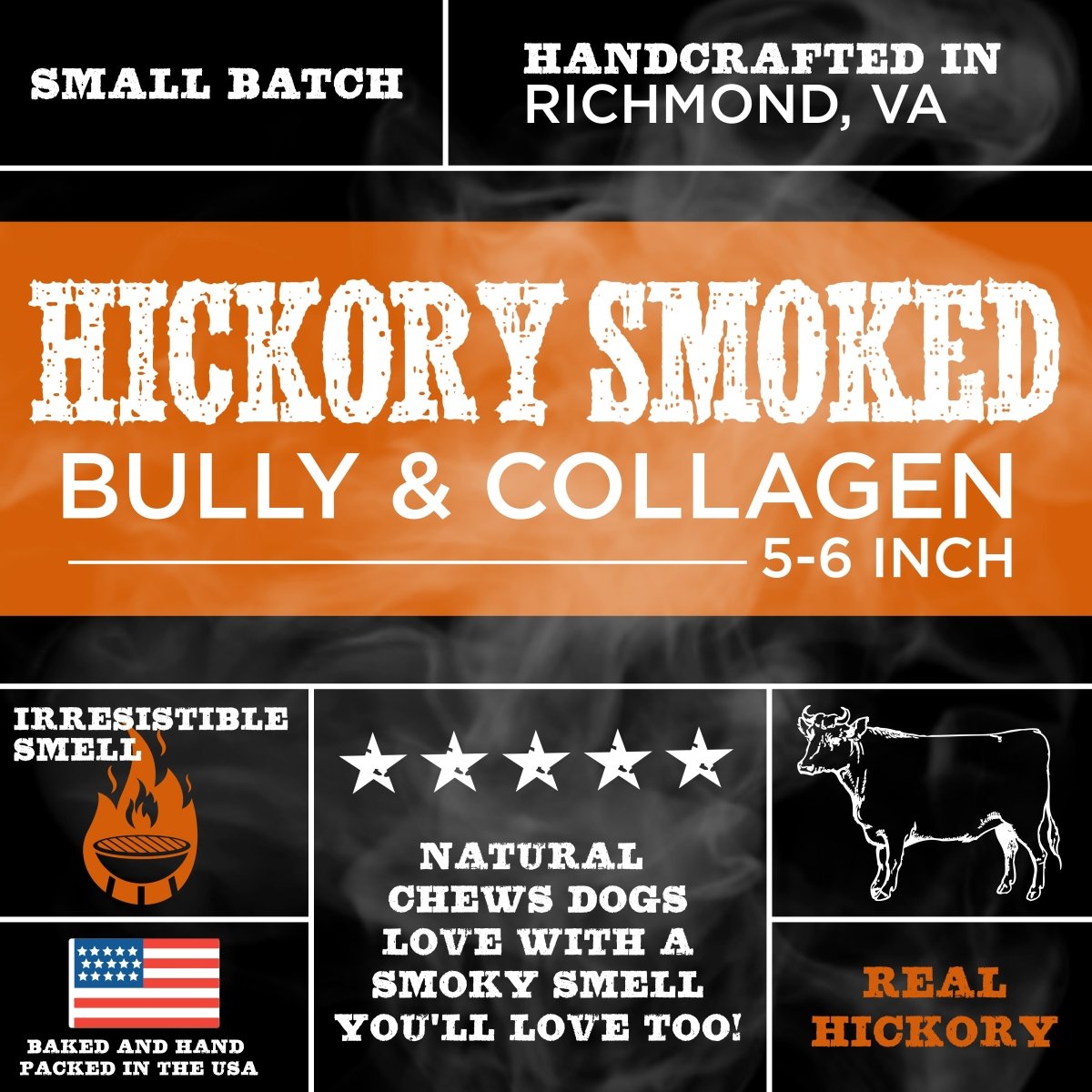 Hickory Smoked Bully &amp; Collagen product information on a dark background