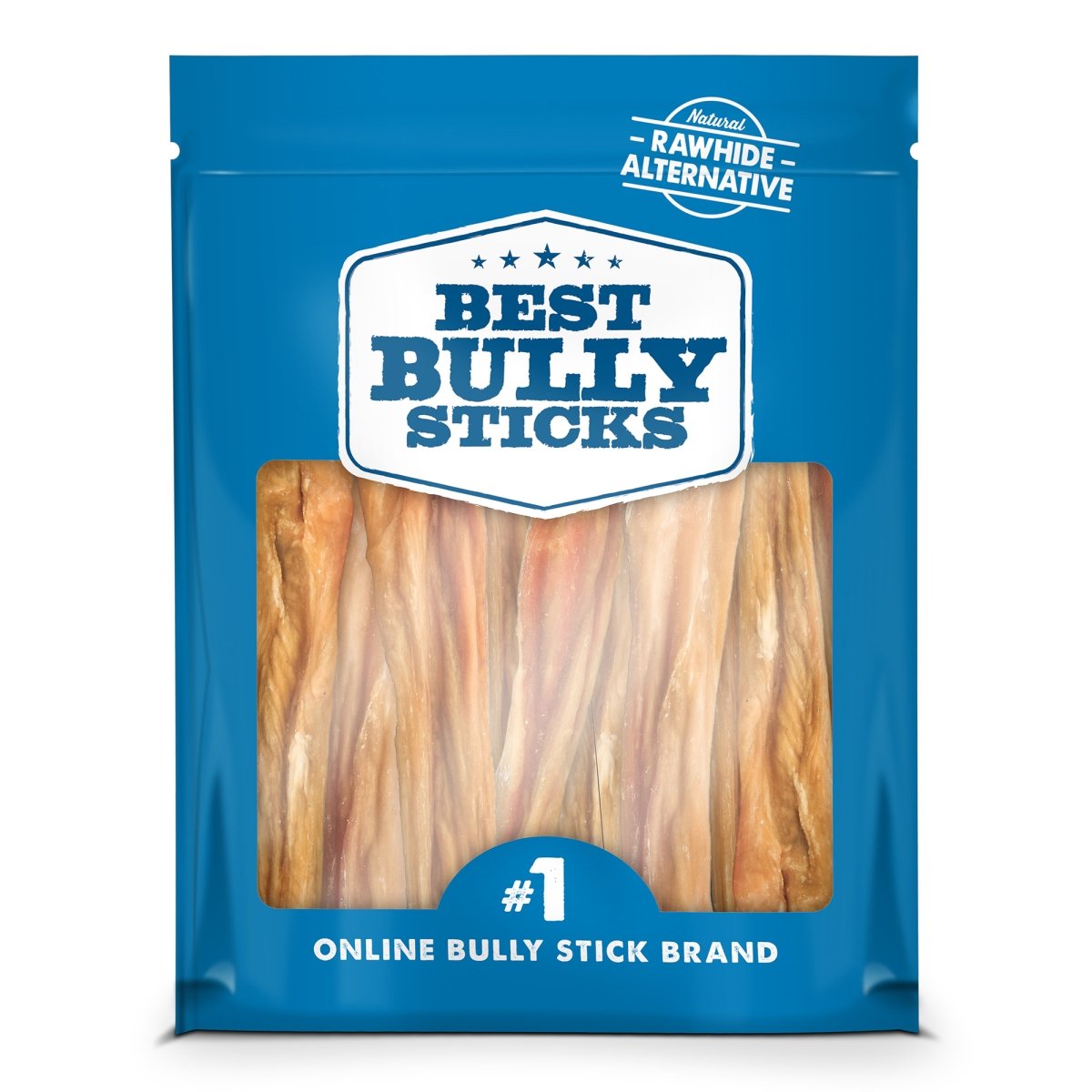 A blue "Best Bully Sticks" bag holds 6-Inch Bladder Sticks, with three natural rawhide alternative sticks in front—promoting dental health for your pup.