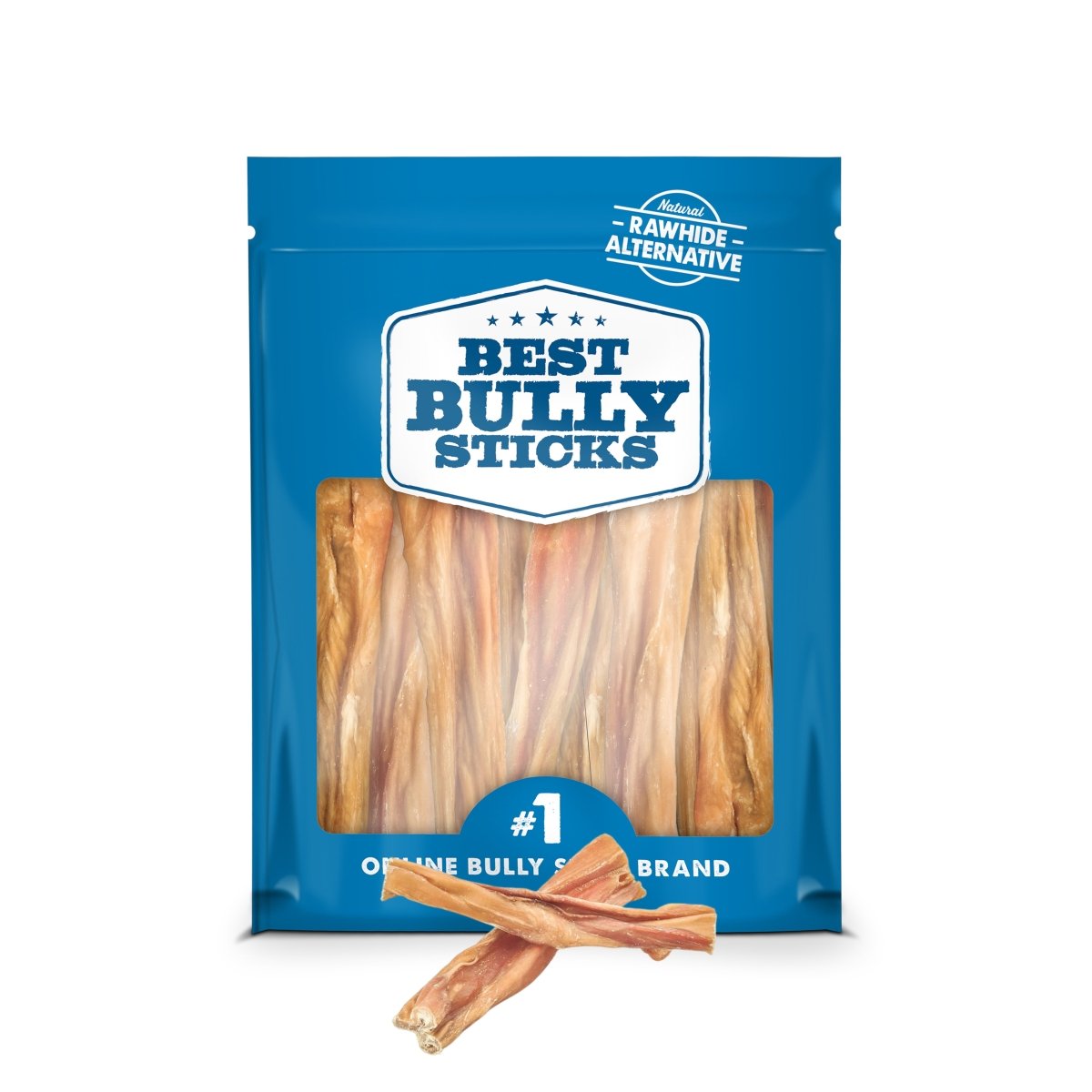 A blue Best Bully Sticks bag labeled &quot;6-Inch Bladder Stick&quot; holds natural rawhide alternatives for dogs, supporting dental health, with several sticks inside and three placed in front.