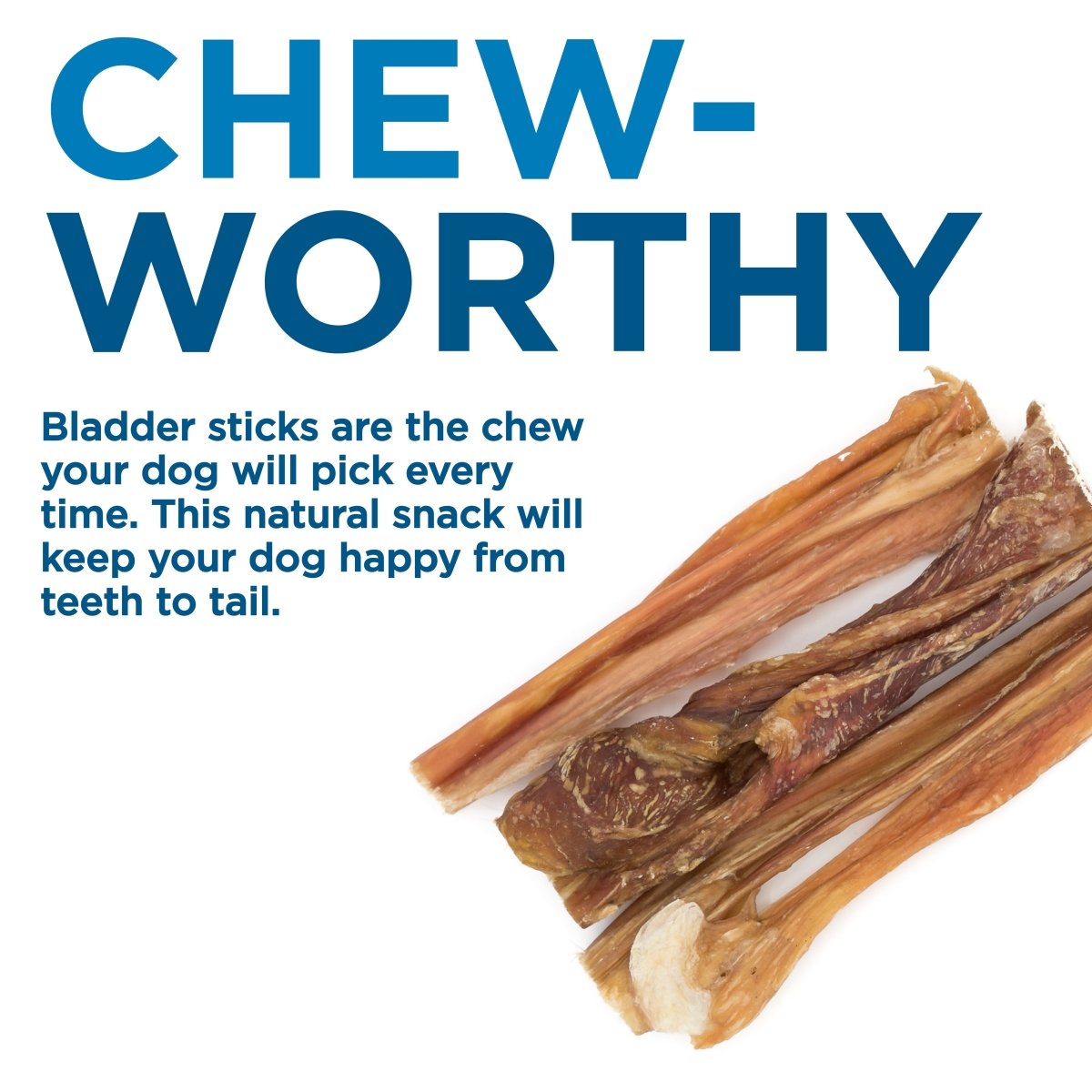 A pile of Best Bully Sticks 6-Inch Bladder Stick dog chews sits beside bold &quot;CHEW-WORTHY&quot; text and a description highlighting these as a rawhide alternative snack for dogs.