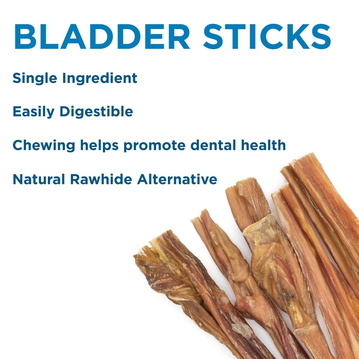 Several Best Bully Sticks 6-Inch Bladder Sticks are displayed at the bottom right, shown as a single-ingredient, easily digestible rawhide alternative that helps support dental health.