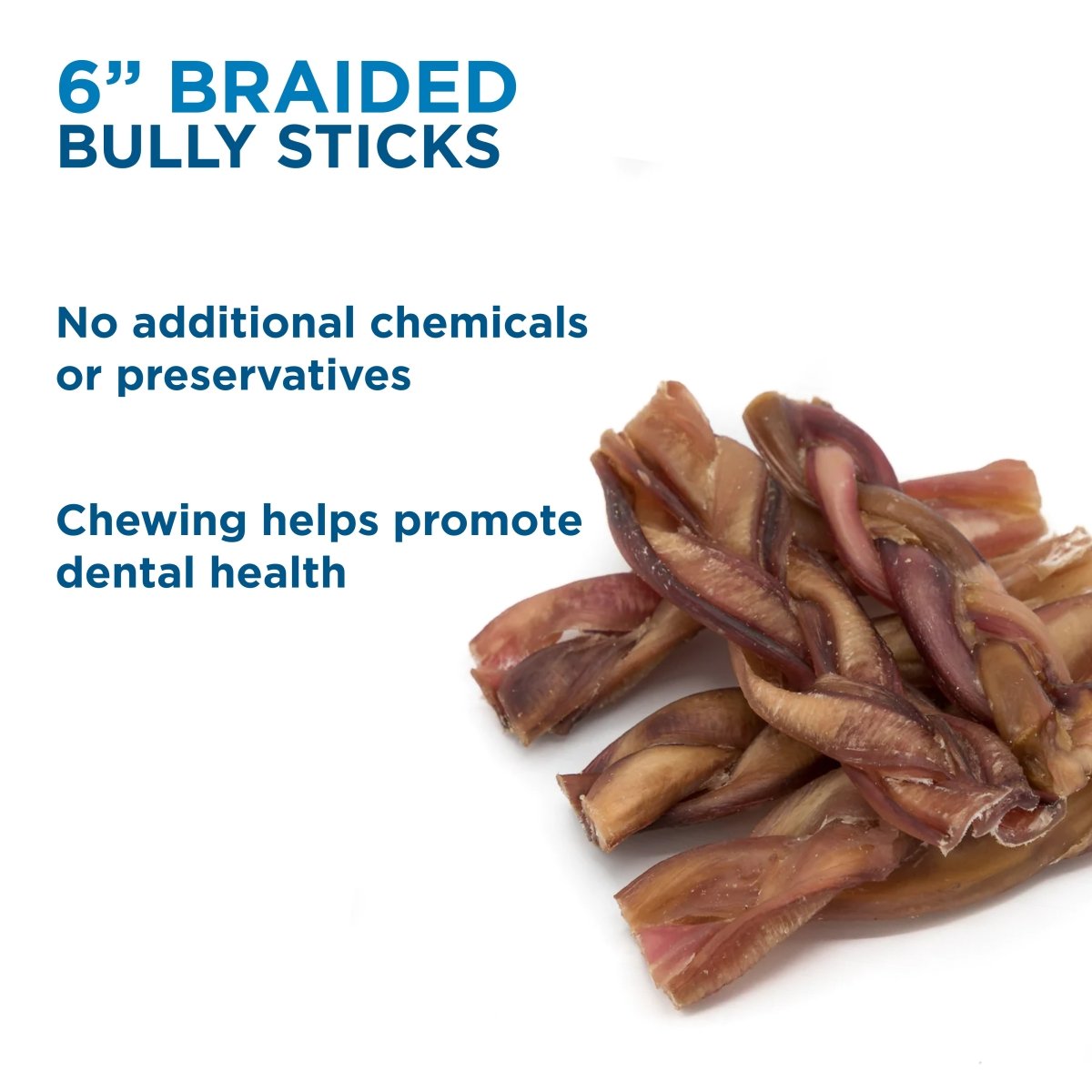 Best Bully Sticks 6-Inch Braided Bully Sticks, shown on a white surface, are healthy dog chews that help support dental health.