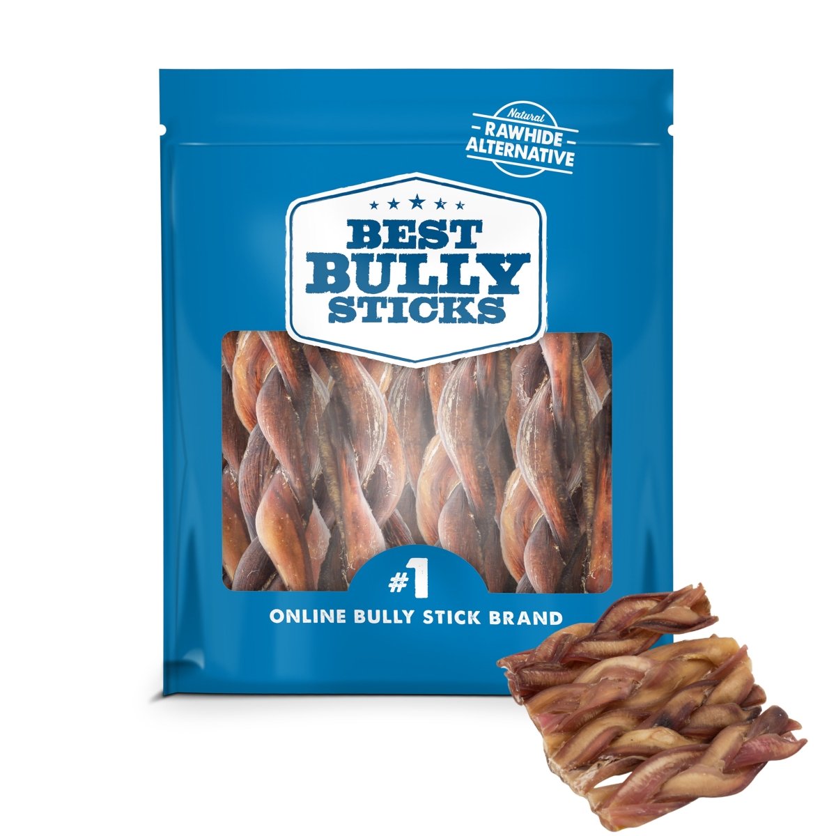 A blue &quot;Best Bully Sticks&quot; package containing visible 6-Inch Braided Bully Sticks, with one braided stick in front—ideal as a dental dog chew for healthy canine treats.