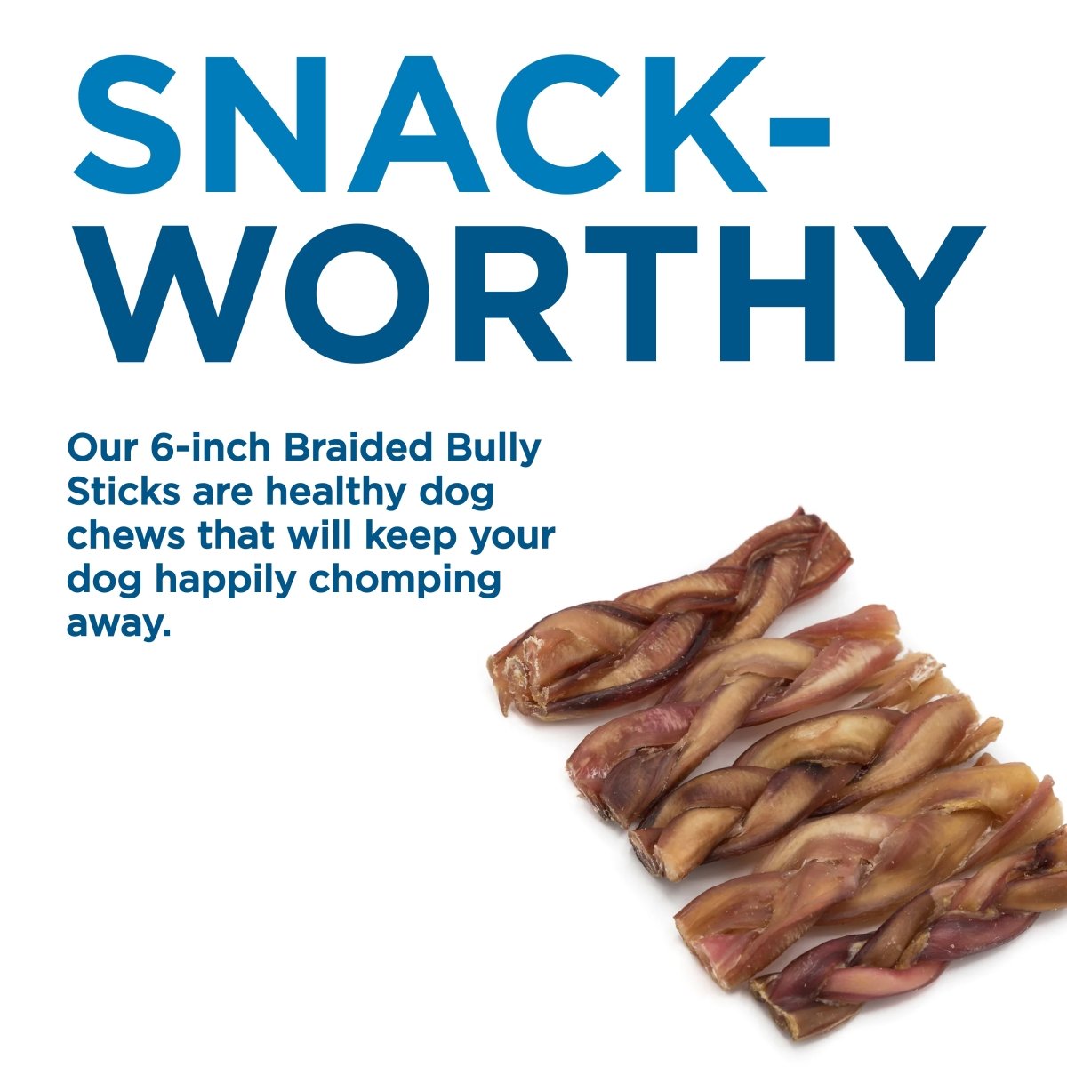 A pile of Best Bully Sticks 6-Inch Braided Bully Sticks is shown beside text highlighting these healthy chews as tasty, long-lasting treats that will keep your dog happily entertained.