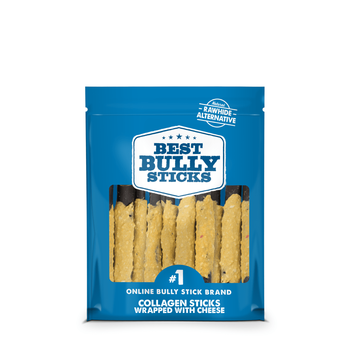 Best Bully Sticks 6 Inch Cheese Wrapped Collagen in a bag.