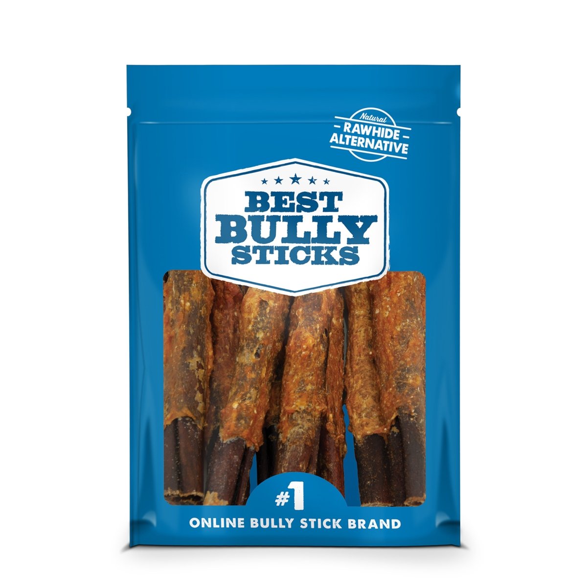 The blue package titled &quot;6-Inch Chicken Wrapped Collagen Sticks&quot; by Best Bully Sticks reveals visible sticks and features the label &quot;Natural Alternative to Rawhide&quot; with the accolade &quot;#1 Online Bully Stick Brand,&quot; emphasizing its dental benefits for your pet&#39;s oral health.