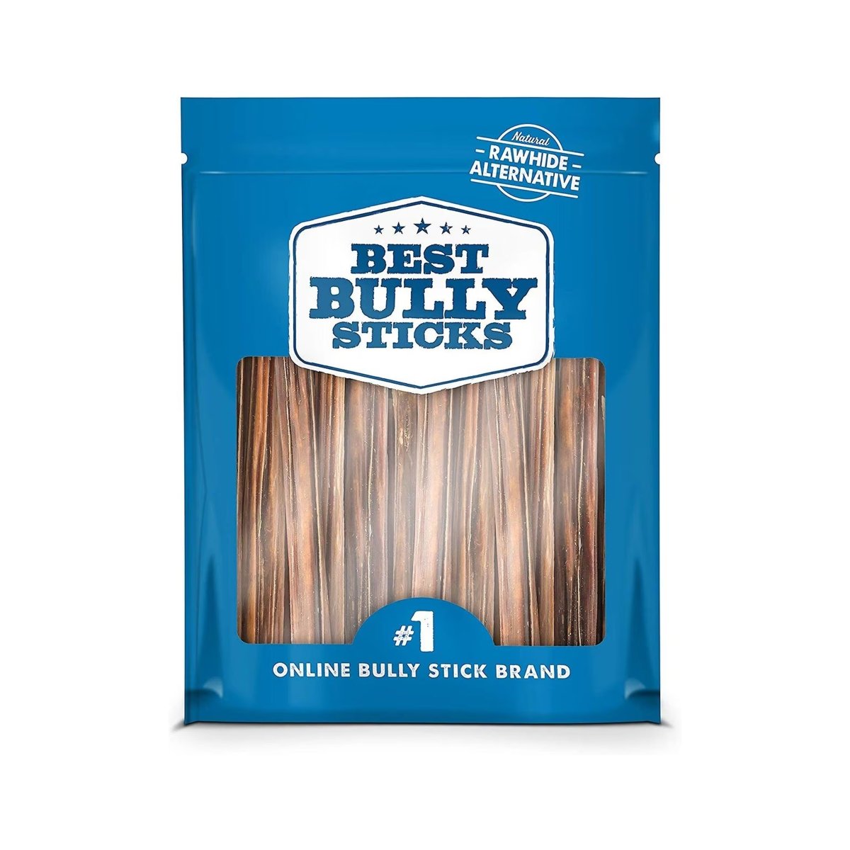A blue Best Bully Sticks package labeled "6-Inch Gullet Stick" with a clear window displays the treats inside, promoted as a rawhide alternative and the #1 online brand for dog snacks.
