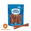 A blue resealable bag labeled &quot;Best Bully Sticks&quot; shows 6-Inch Standard Bully Stick dog chews made from beef, with two bully sticks placed in front of the bag.