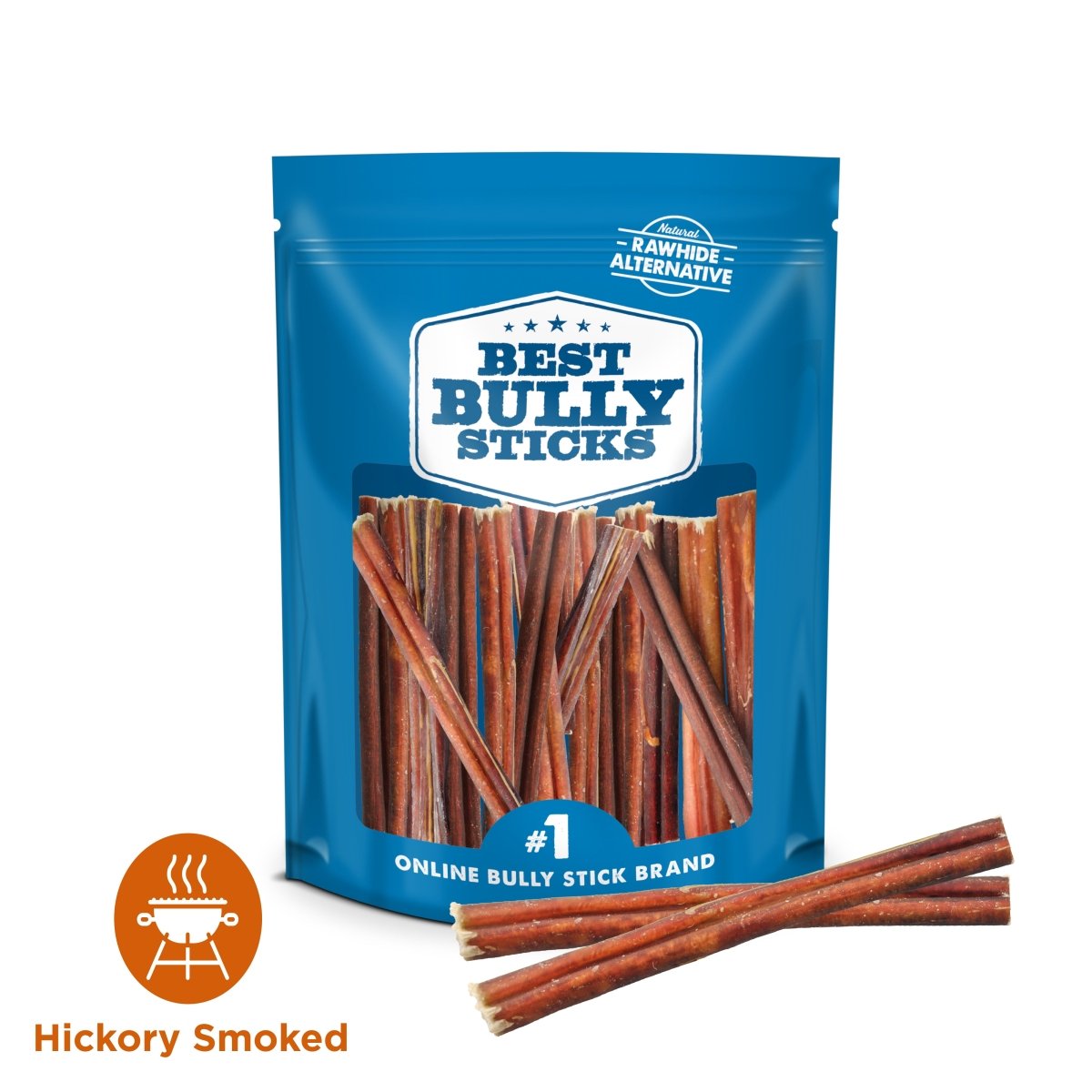 A blue resealable bag labeled &quot;Best Bully Sticks&quot; shows 6-Inch Standard Bully Stick dog chews made from beef, with two bully sticks placed in front of the bag.