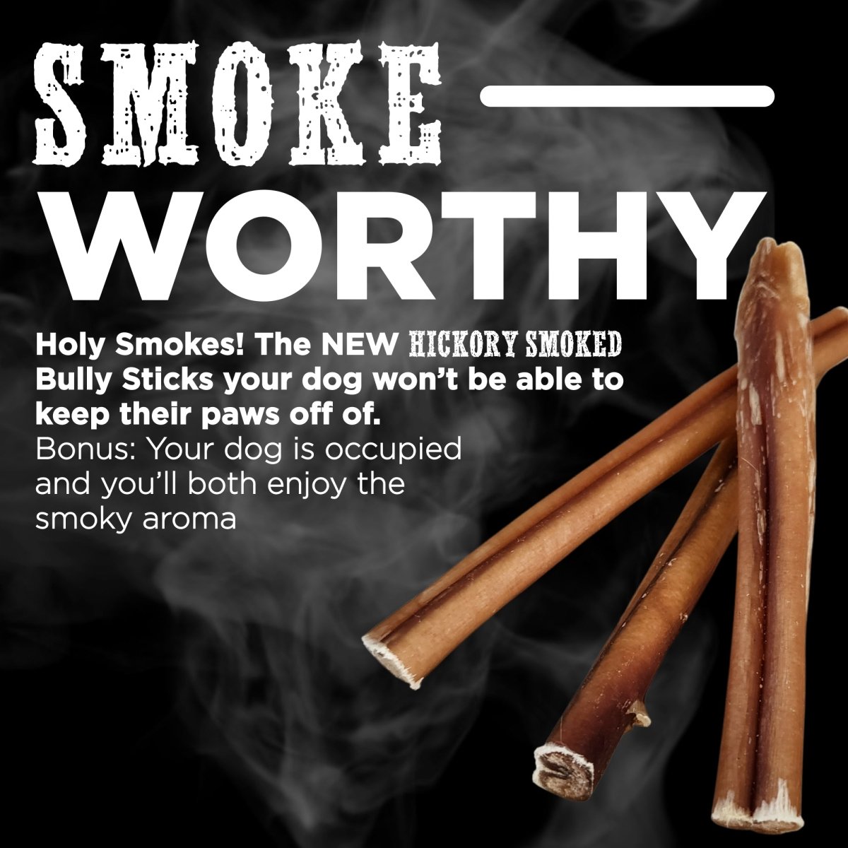 A Best Bully Sticks 6-Inch Hickory Smoked Bully Sticks chew poster featuring the words &quot;smoke worthy&quot;.