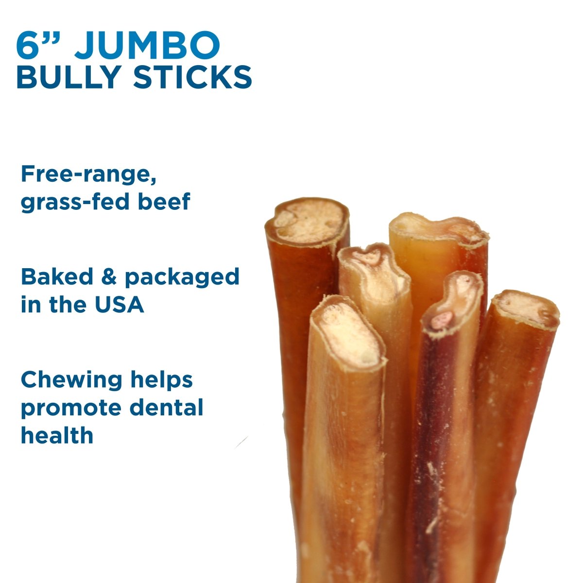 Best Bully Sticks 6-Inch Jumbo Bully Stick bundle stands upright, made from grass-fed beef and baked in the USA. Ideal for aggressive chewers, they’re a natural rawhide alternative that supports dental health.