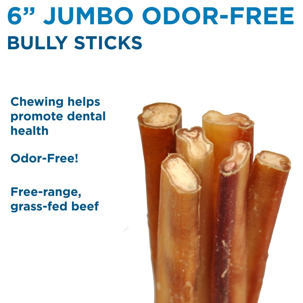 A bundle of Best Bully Sticks 6-Inch Jumbo Odor-Free Bully Sticks stands upright, showcasing dental health benefits and free-range, grass-fed beef—an ideal natural rawhide alternative for aggressive chewers.