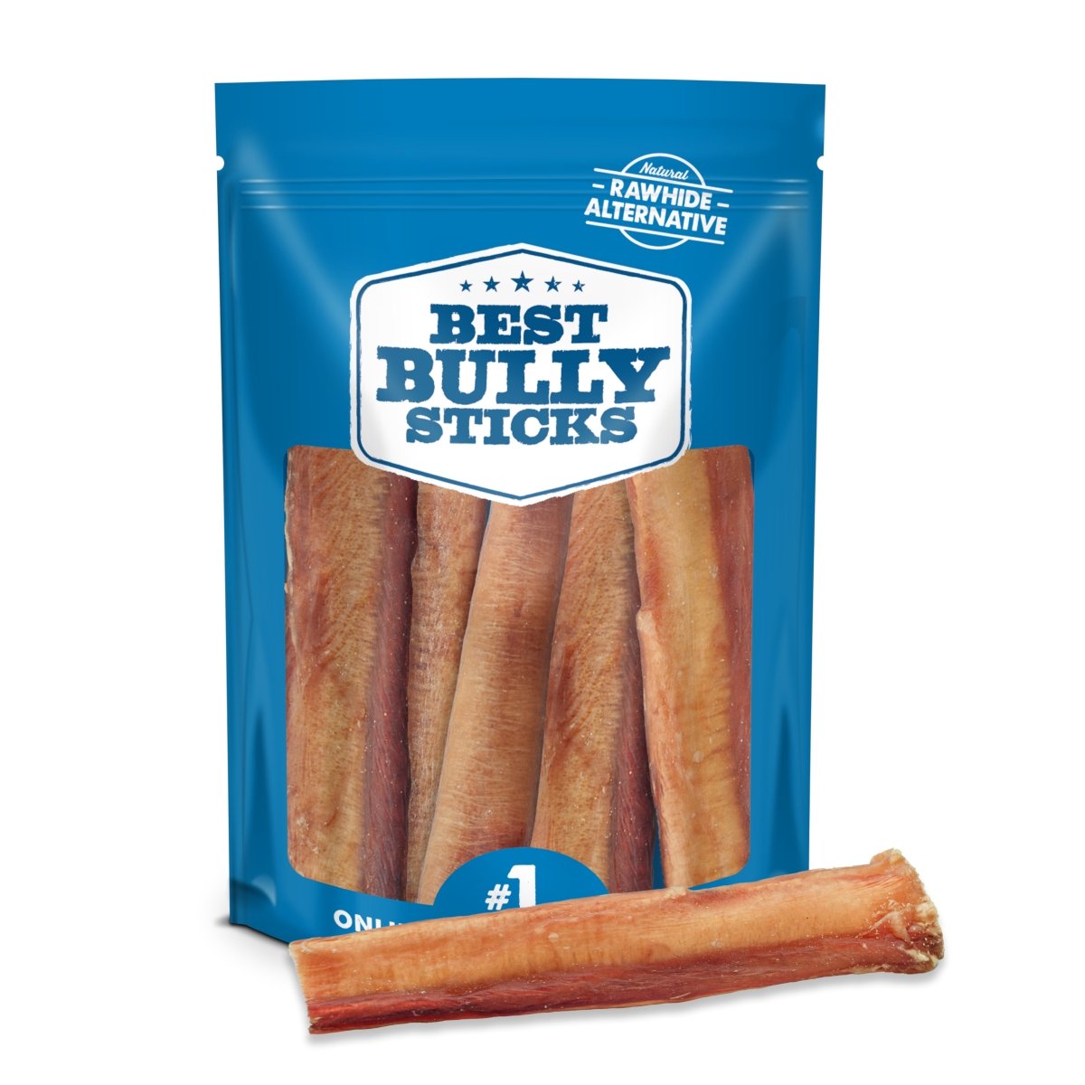 A blue resealable bag labeled &quot;Best Bully Sticks&quot; contains several 6-Inch Jumbo Bully Sticks, a rawhide alternative ideal for heavy chewers, with one stick displayed in front of the package.