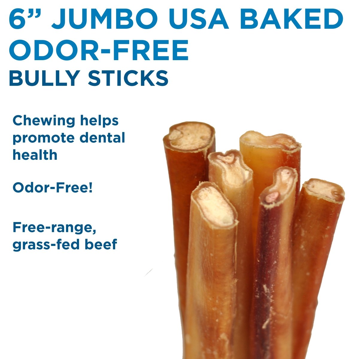 Six Best Bully Sticks 6-Inch Jumbo USA-Baked Odor-Free Bully Sticks stand upright beside text emphasizing their large size and dental health benefits for dogs.