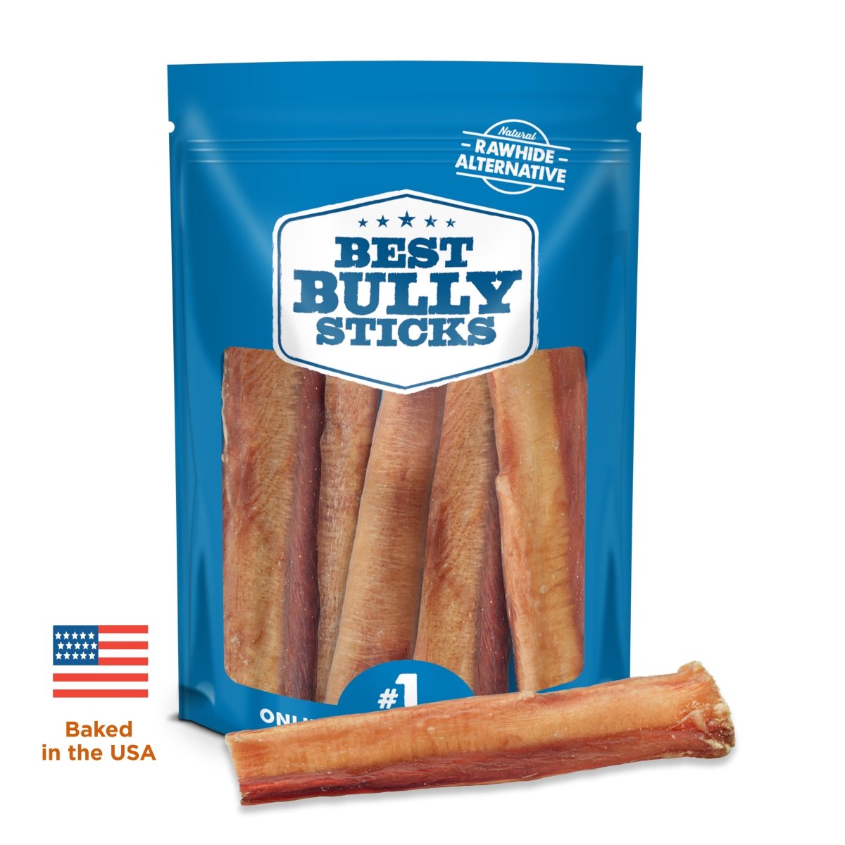 A blue package labeled &quot;Best Bully Sticks&quot; contains several 6-Inch Jumbo USA-Baked Odor-Free Bully Sticks, with one in front. The text notes it&#39;s an all-natural beef rawhide alternative baked in the USA.