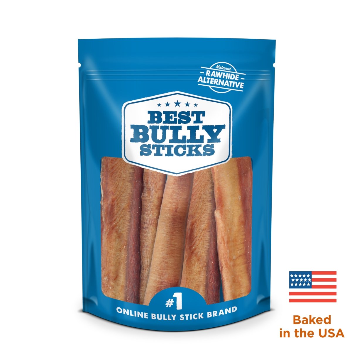 The blue package of the 6-Inch Jumbo USA-Baked Odor-Free Bully Stick by Best Bully Sticks displays several treats as a rawhide alternative. An American flag and &quot;Baked in the USA&quot; text emphasize these all-natural beef snacks.