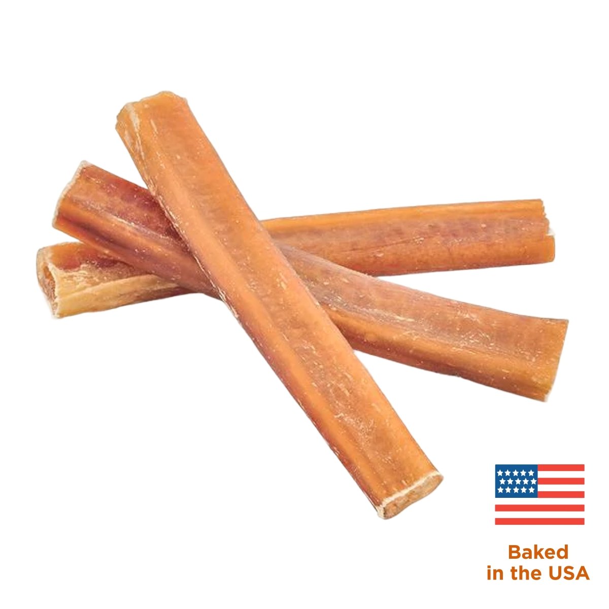 Three 6-Inch Jumbo USA-Baked Odor-Free Bully Sticks from Best Bully Sticks are stacked together. In the lower right corner, a small American flag and the text &quot;Baked in the USA&quot; are shown.