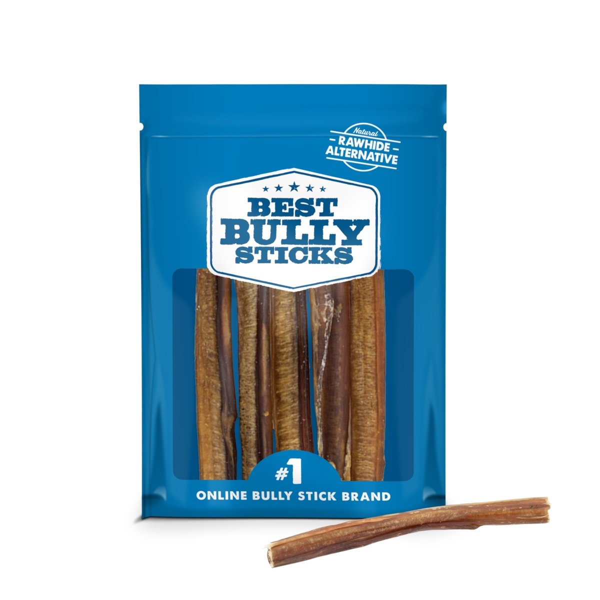 A blue Best Bully Sticks bag labeled “6-Inch Odor-Free Bully Sticks (5 Pack)” holds several bully sticks, with one dog chew placed in front.