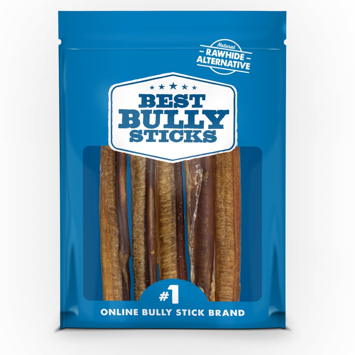 A 5-pack of Best Bully Sticks&#39; 6-Inch Odor-Free Bully Sticks, marketed as a rawhide alternative to promote dental health, with several sticks visible through the packaging.