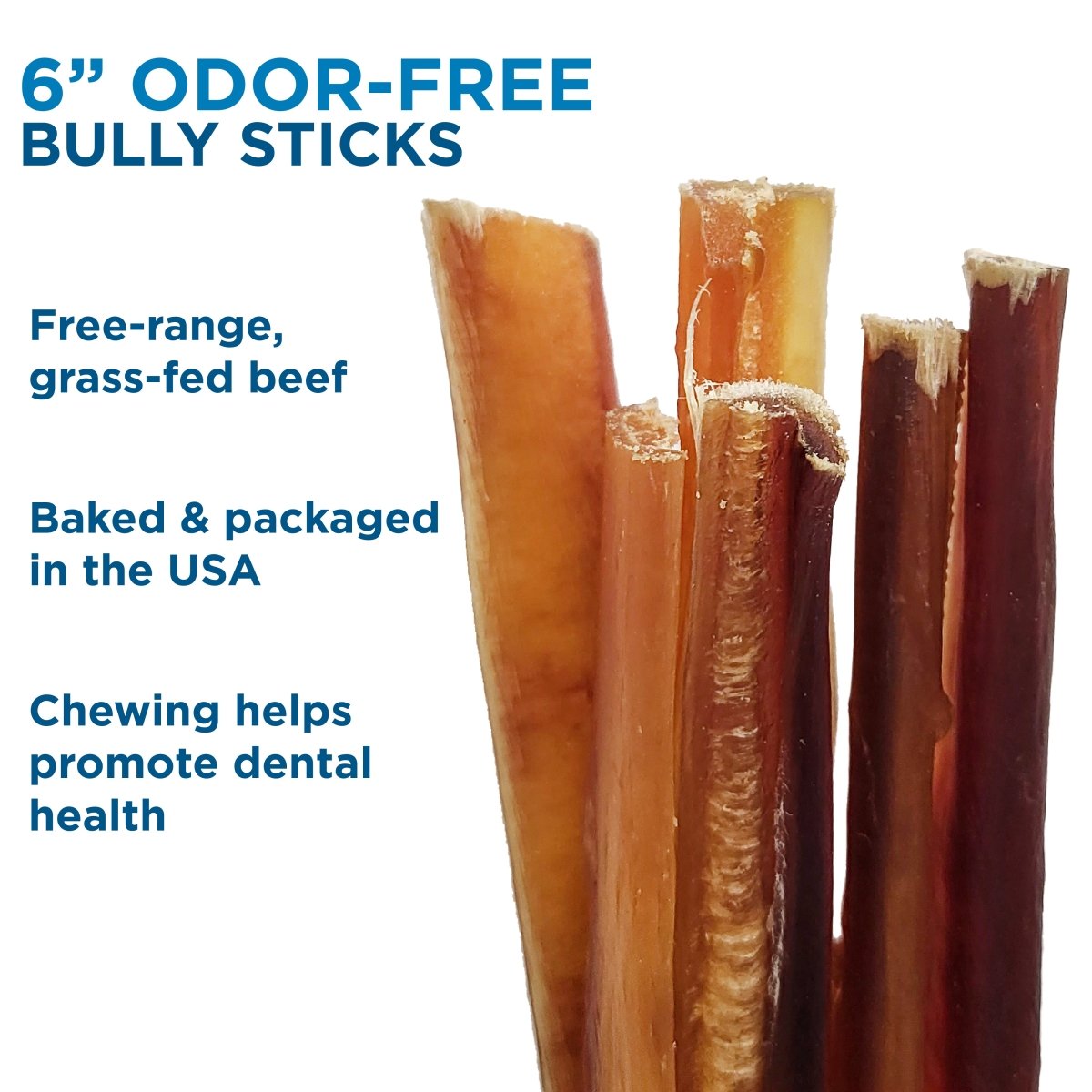 Five 6-Inch Odor-Free Bully Sticks by Best Bully Sticks, made from free-range, grass-fed beef and baked in the USA, make great dental chews for dogs.