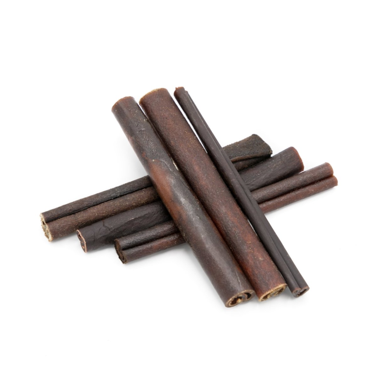 A group of Best Bully Sticks 6 Inch Peanut Butter Collagen on a white background.