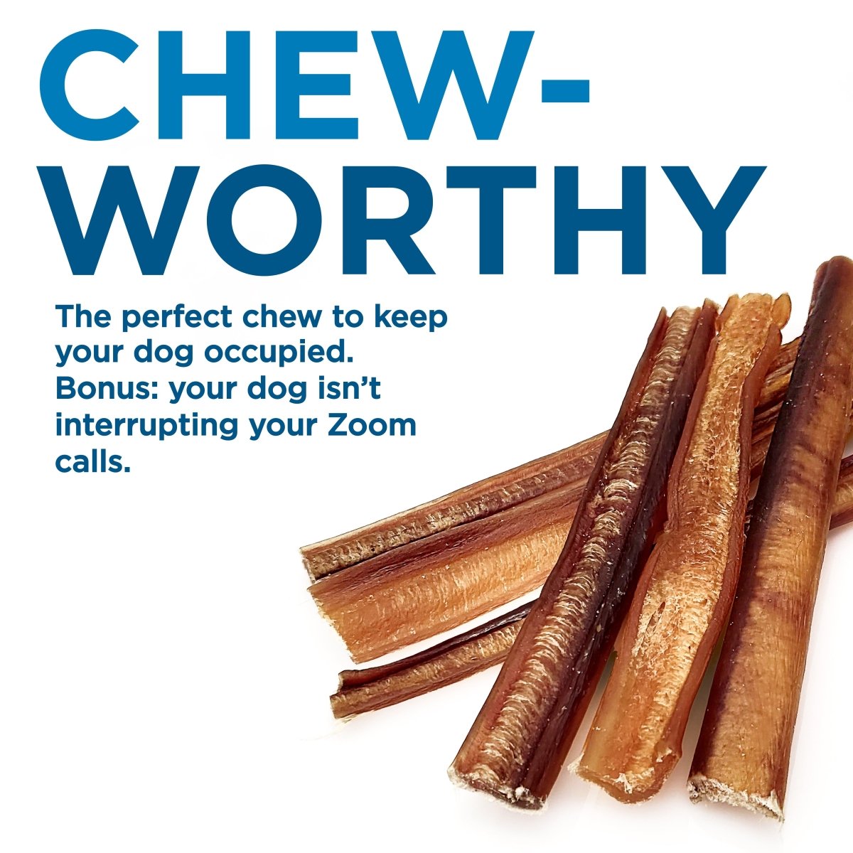 Several Best Bully Sticks 6-Inch Standard Bully Sticks made from grass-fed beef are arranged on a white background, with bold &quot;Chew-worthy&quot; text and a description noting they&#39;re great for keeping dogs occupied.