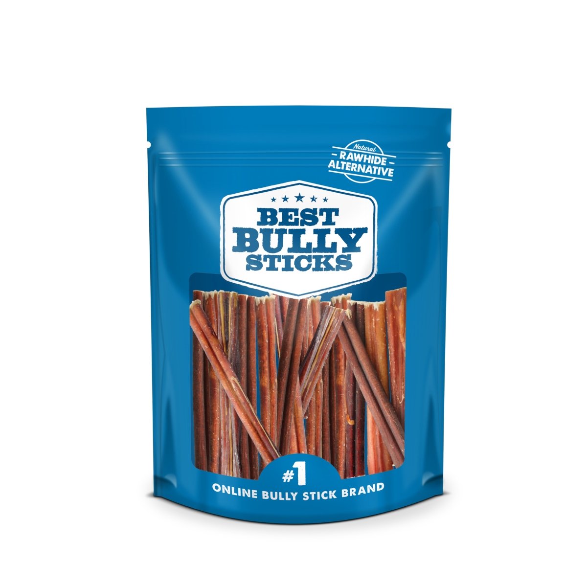 A blue resealable bag labeled &quot;Best Bully Sticks&quot; contains 6-Inch Standard Bully Sticks, a rawhide alternative chews made from grass-fed beef.