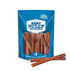 A blue resealable bag labeled &quot;Best Bully Sticks&quot; shows 6-Inch Standard Bully Stick dog chews made from beef, with two bully sticks placed in front of the bag.
