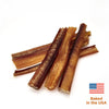 Five 6-Inch Standard USA-Baked Odor-Free Bully Sticks from Best Bully Sticks are shown on a white background, with a small American flag and &quot;Baked in the USA&quot; text. Enjoy natural, odor-free dog chews.