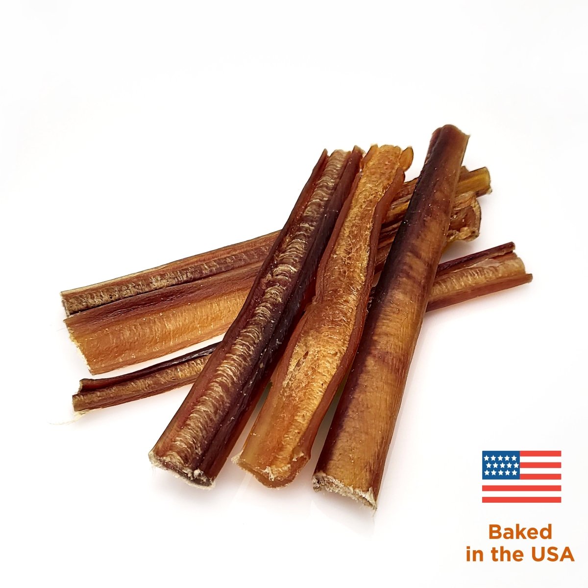 Five 6-Inch Standard USA-Baked Odor-Free Bully Sticks from Best Bully Sticks are shown on a white background, with a small American flag and &quot;Baked in the USA&quot; text. Enjoy natural, odor-free dog chews.