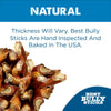 A pile of Best Bully Sticks  a natural rawhide alternative and single-ingredient dog treat, shown with text: hand inspected, thickness varies, baked in the USA. Features the Best Bully Sticks logo.