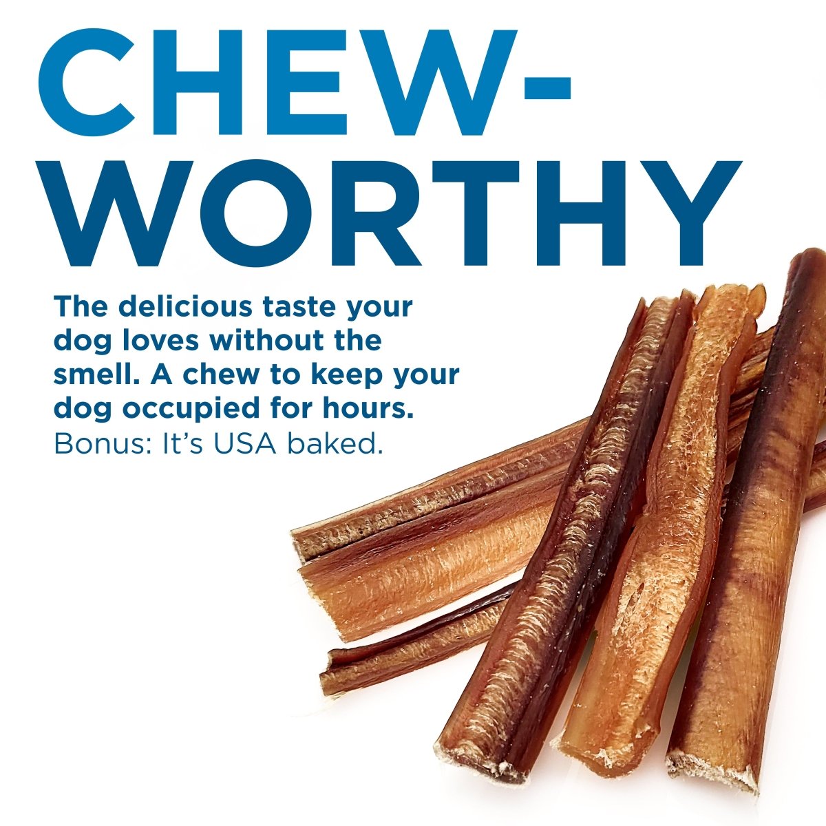 A pile of brown, all-natural Best Bully Sticks 6-Inch Standard USA-Baked Odor-Free Bully Sticks sits beneath bold text highlighting their durability, flavor, and exclusive USA origin.