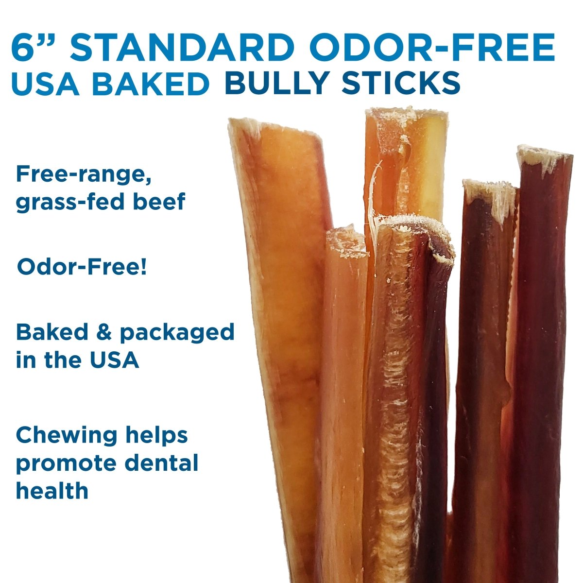 Five 6-inch Standard USA-Baked Odor-Free Bully Sticks from Best Bully Sticks stand upright; made from free-range, grass-fed beef to support dental health.
