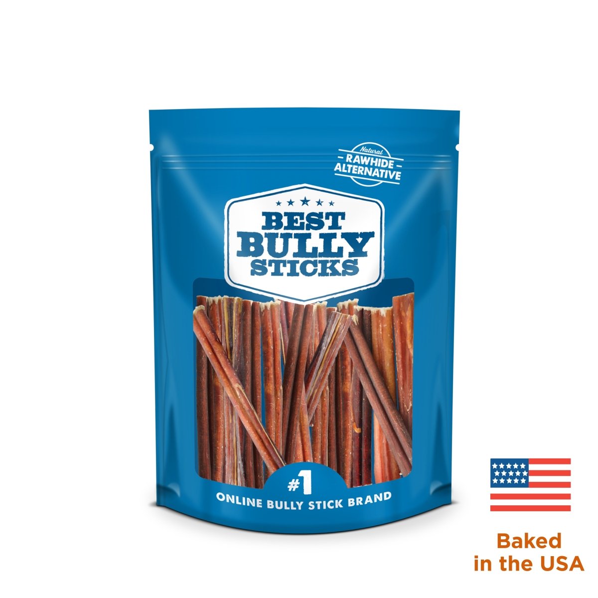 A blue package of Best Bully Sticks 6-Inch Standard USA-Baked Odor-Free Bully Stick shows the chews inside, with a USA flag and &quot;Baked in the USA&quot; text in the corner.