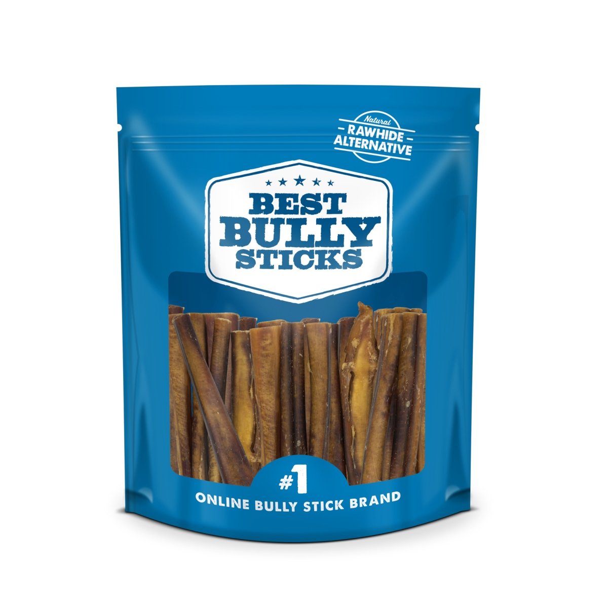 A blue resealable Best Bully Sticks bag contains several 6-Inch Thick Bully Sticks, natural dog chews made from grass-fed beef and advertised as the #1 online bully stick brand.