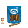 A blue resealable Best Bully Sticks bag holds several Gourmet Dog Chews, with a 6-Inch Thick Hickory Smoked Bully Stick (6 Pack) in front; a &quot;Hickory Smoked&quot; grill icon appears on the left.