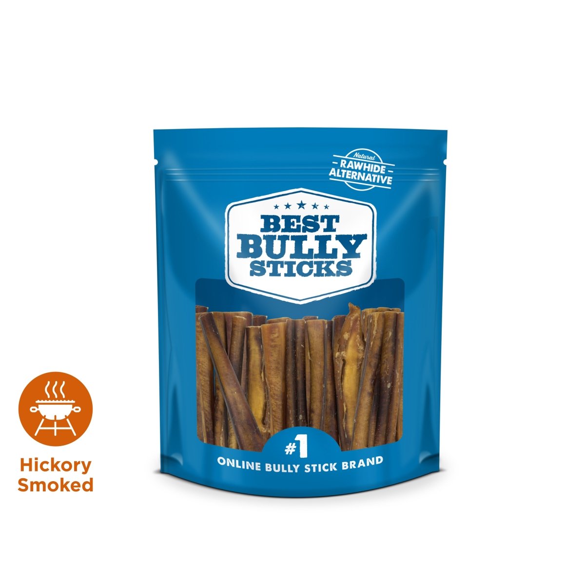 A blue resealable bag labeled &quot;Best Bully Sticks&quot; contains six 6-inch thick hickory smoked bully sticks, a rawhide alternative gourmet dog chew made from grass-fed beef. An icon highlights their hickory smoked flavor.