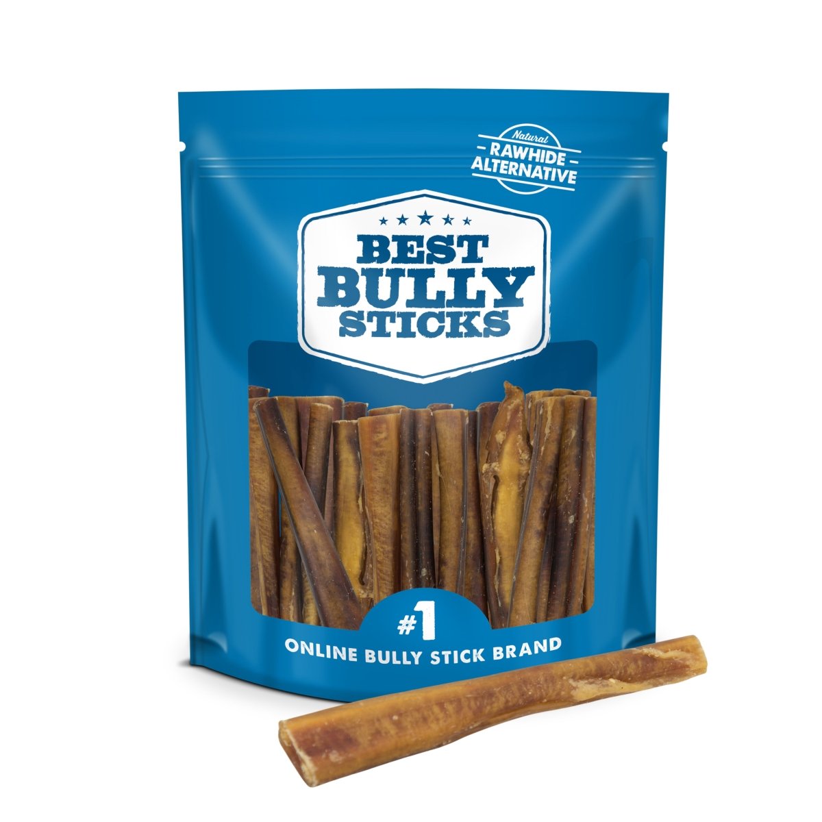 A blue "Best Bully Sticks" package labeled "6-Inch Thick Bully Stick" contains several grass-fed beef chews, with one savory dog treat displayed in front.