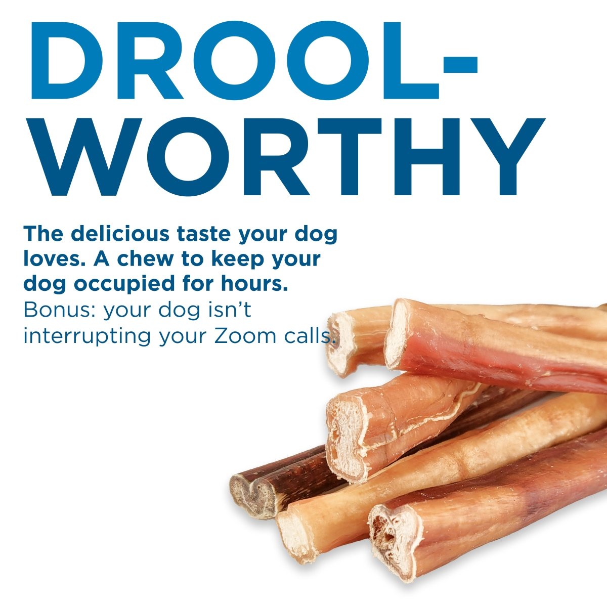 A stack of Best Bully Sticks 6-Inch Thick Odor-Free Bully Sticks on a white background, with text emphasizing their tasty flavor and how they keep dogs happily entertained.
