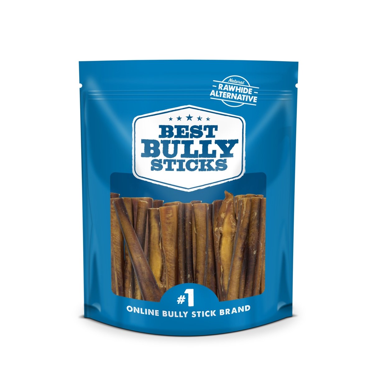 The blue package of 6-Inch Thick Odor-Free Bully Sticks by Best Bully Sticks, labeled &quot;#1 Online Bully Stick Brand,&quot; features a &quot;Rawhide Alternative&quot; badge. These high-protein, all-natural chews are designed to delight your furry friend.
