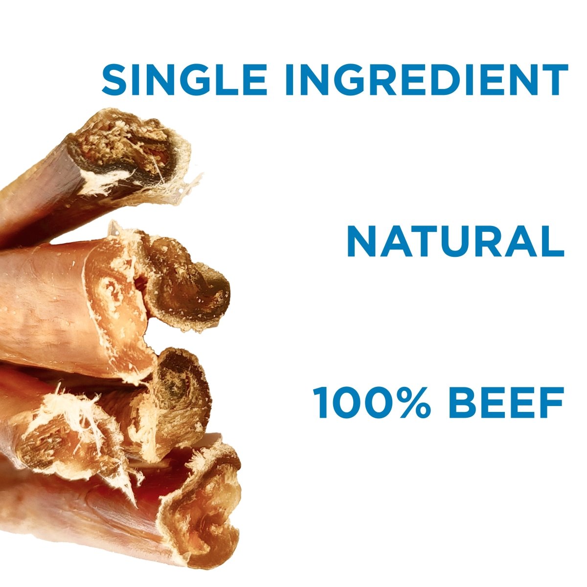 6-Inch Thin Bully Sticks from Best Bully Sticks are shown on a white background. Blue text reads: &quot;SINGLE INGREDIENT,&quot; &quot;NATURAL,&quot; and &quot;100% BEEF.&quot; These natural chews are digestible dog treats.