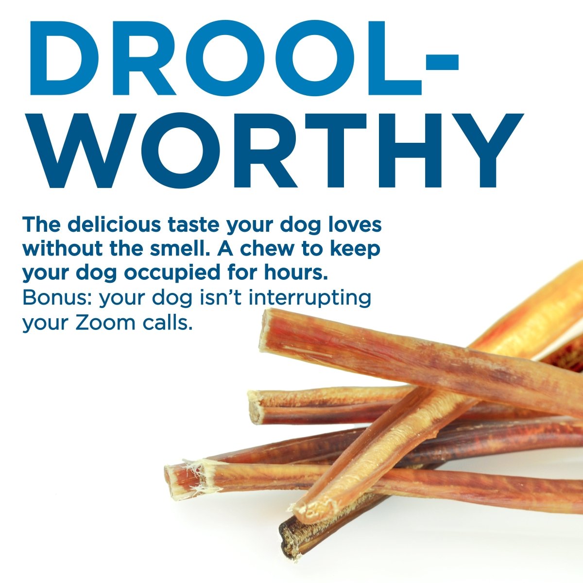 Several Best Bully Sticks 6-Inch Thin Bully Sticks are displayed on a white surface, promoting these natural, digestible chews known for their great taste and benefits for dogs and their owners.