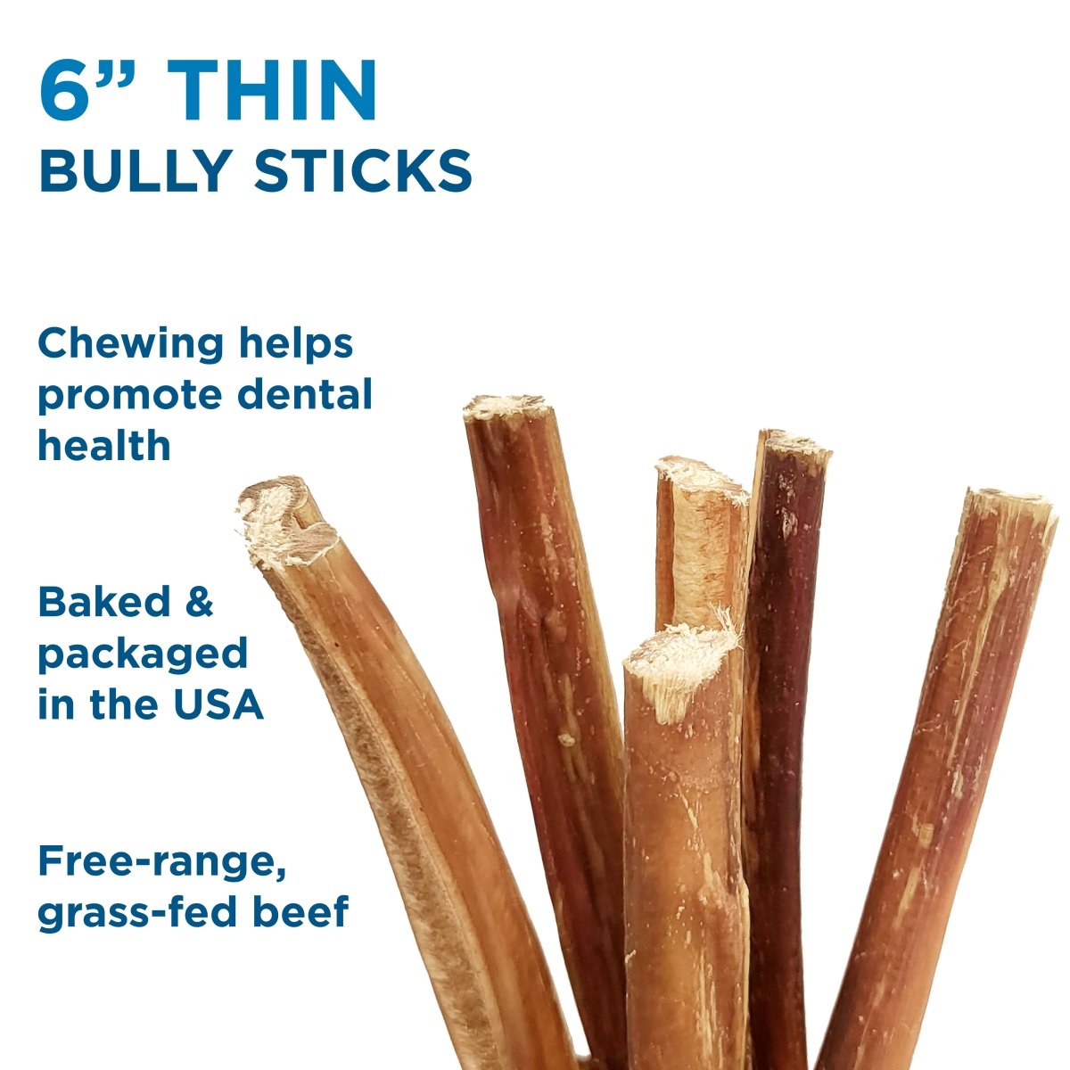 Best Bully Sticks 6-Inch Thin Bully Sticks, made from free-range, grass-fed beef, are all-natural chews that  help support dental health. digestible, they’re baked and packaged in the USA. Shown upright.
