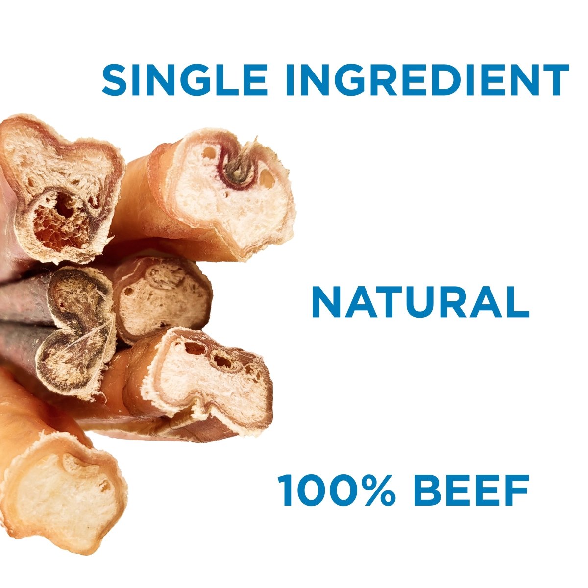 Close-up of Best Bully Sticks with text &quot;Single Ingredient,&quot; &quot;Natural,&quot; and &quot;100% Beef&quot; on a white background, showcasing this easily digestible dog chew your pup will love.