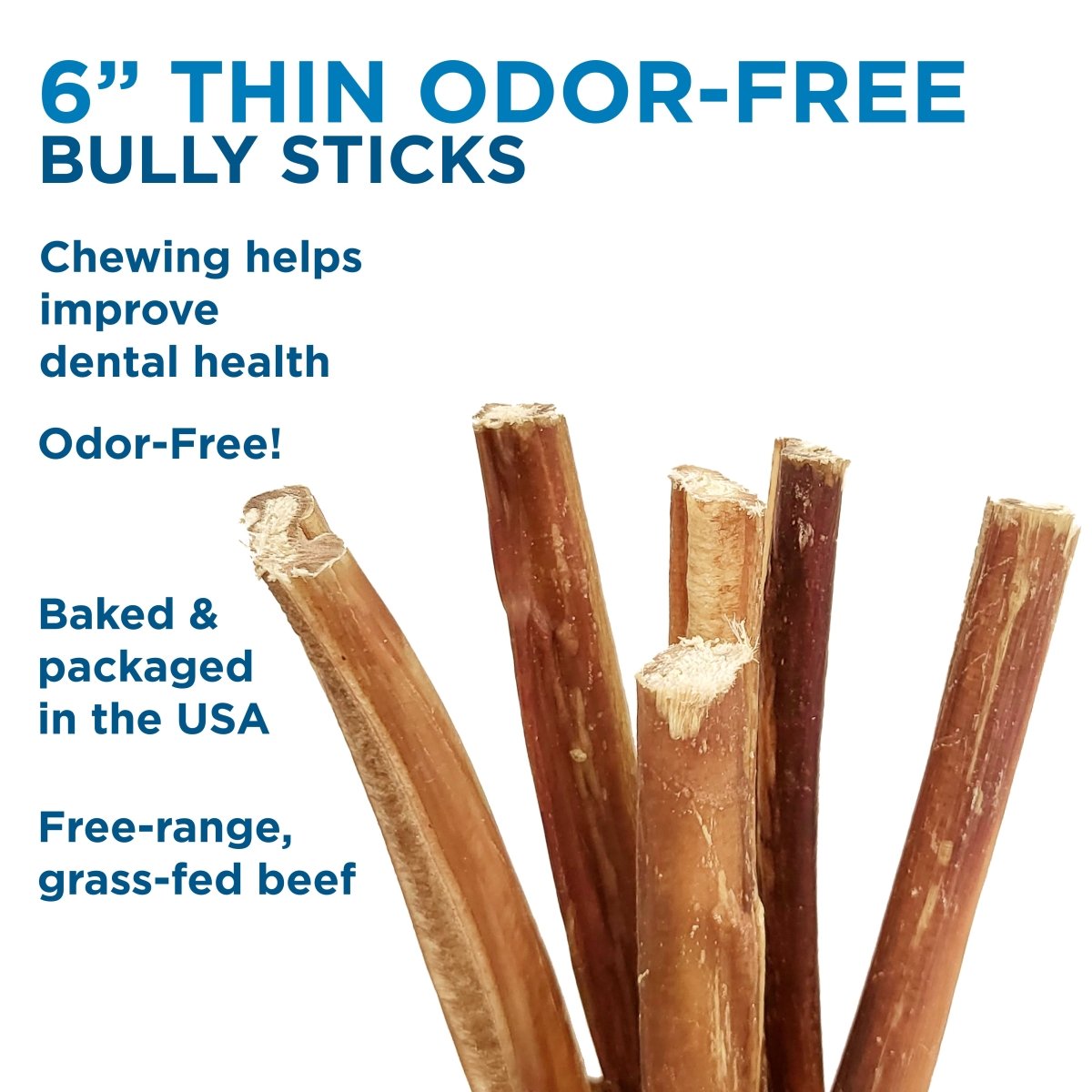 A group of 6-Inch Thin Odor-Free Bully Sticks by Best Bully Sticks, made in the USA from free-range, grass-fed beef; this high-protein dog treat supports dental health.