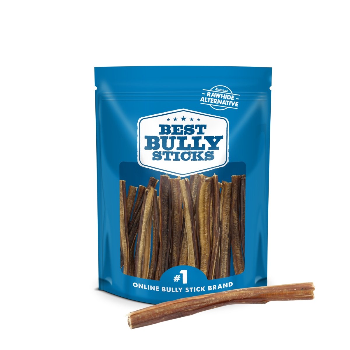 A blue resealable Best Bully Sticks bag, upright and filled with 6-Inch Thin Bully Stick single-ingredient dog chews, is shown with one bully stick placed in front of the bag.