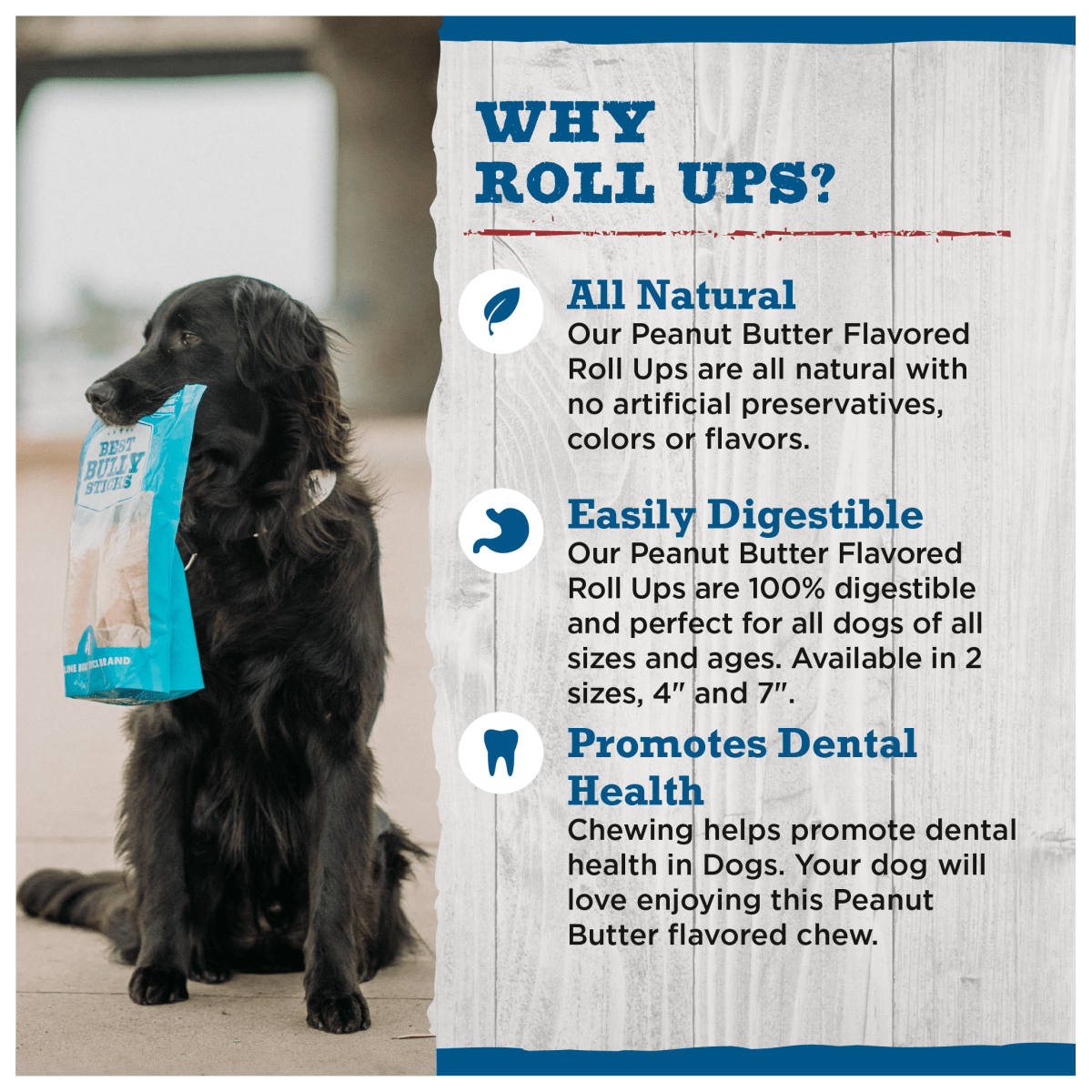 A black dog holds a pack of BB 7&quot; Roll Ups PB 4pk by Best Bully Sticks, described as all-natural, rawhide-free, easily digestible, and promoting dental health for dogs.