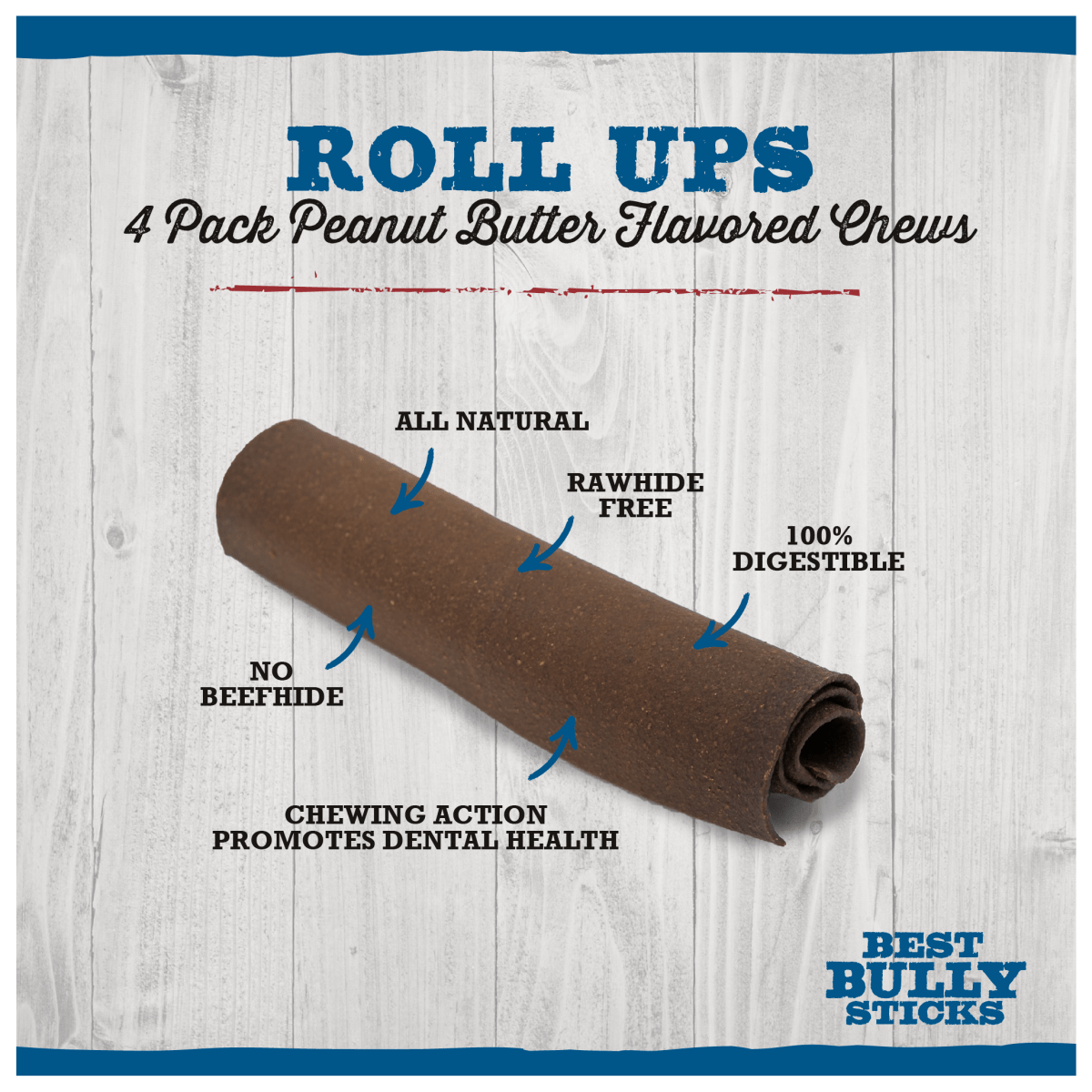 The BB 7&quot; Roll Ups PB 4pk from Best Bully Sticks are peanut butter flavored, all-natural, rawhide-free chews that promote dental health and are 100% digestible with no beefhide.